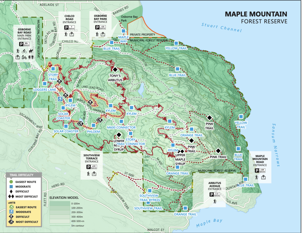 Maple Mountain trail map showing the Blue and Yellow Trails between Maple Bay and Osborne Bay on Vancouver Island